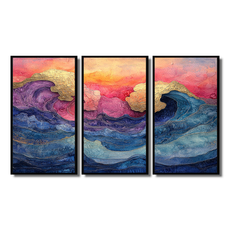 «Pink and Blue Coastal Oceans Storm» - ensemble de décoration murale bord de mer, Toile avec cadre flottant noir