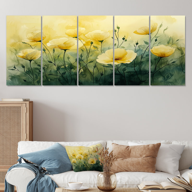 «Dahlia Flower Summer Horizons III» - art mural - ensemble de décorations d'art Wal, H 32 po x l 80 po, 5