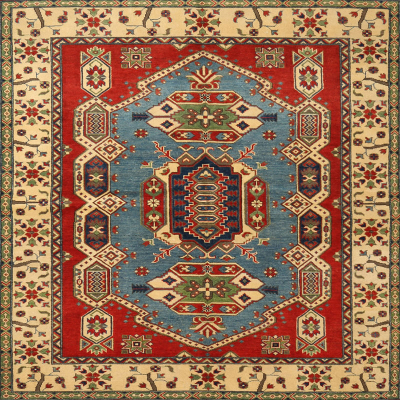 Tapis traditionnel ivoire / rouge / bleu, Rond 7 pi
