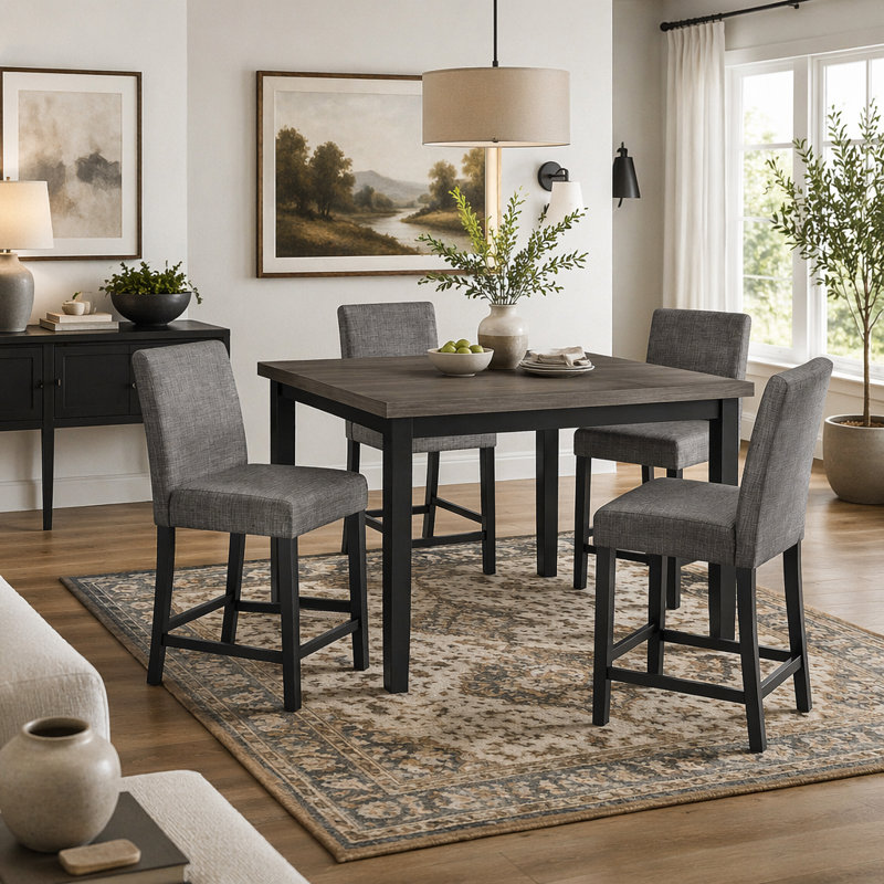 Ensemble de table 5 pièces à hauteur de comptoir avec 4 chaises, ensemble de table à hauteur de comptoir pour 4 avec chaises, ensemble de table à hauteur de comptoir en bois pour la cuisine, la salle à manger, gris clair et noir deux tons