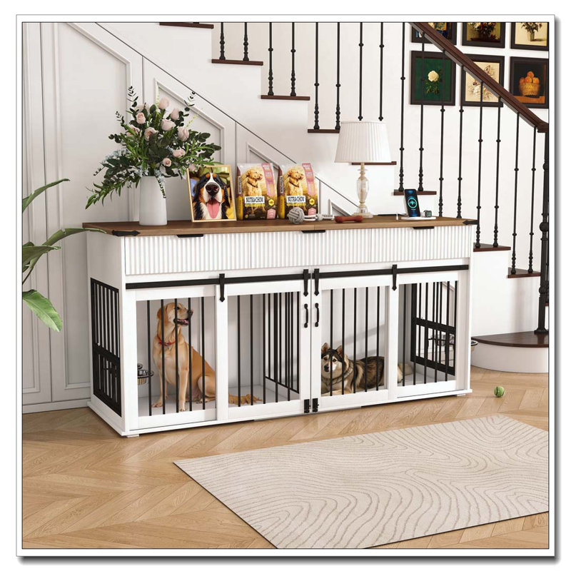 Caisse pour chien 71 po avec 3 tiroirs cannelés, Blanc + noyer