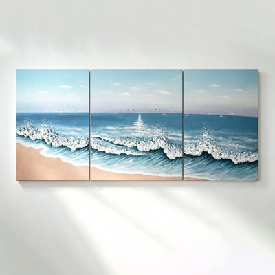Triptyque sur toile texturé 3D en relief représentant une plage au bord de la mer
