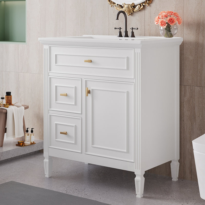 Meuble-lavabo de salle de bain avec lavabo, un tiroir rabattable, deux tiroirs et une tablette réglable, Blanc