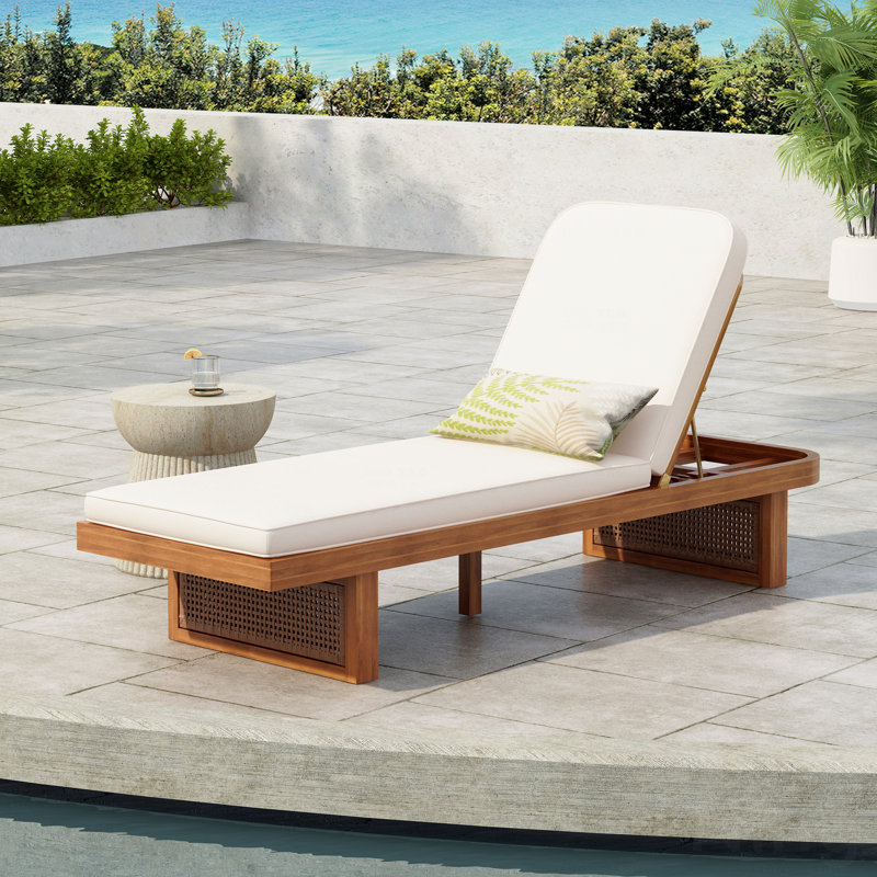 Méridienne d'extérieur - Design en bois d'acacia et en rotin PE avec coussin blanc