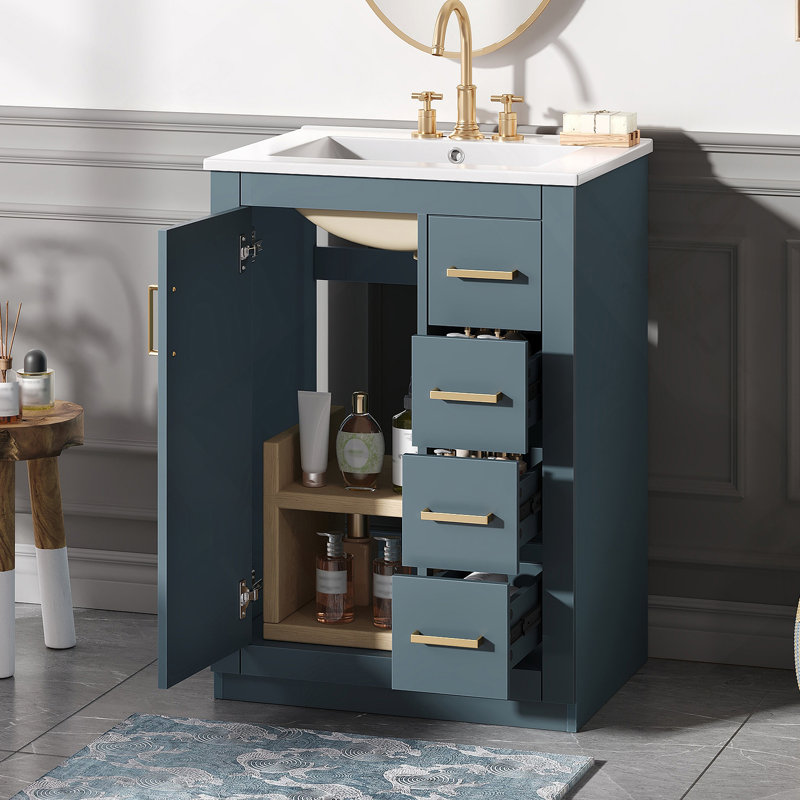 Meuble-lavabo bleu 24 po avec lavabo intégré en céramique, 3 tiroirs et 1 porte pour les petites et moyennes salles de bain