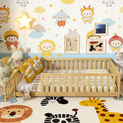 Full Size Solid Wood Floor Bed for Toddler Bed Transition With Fence And Door Included