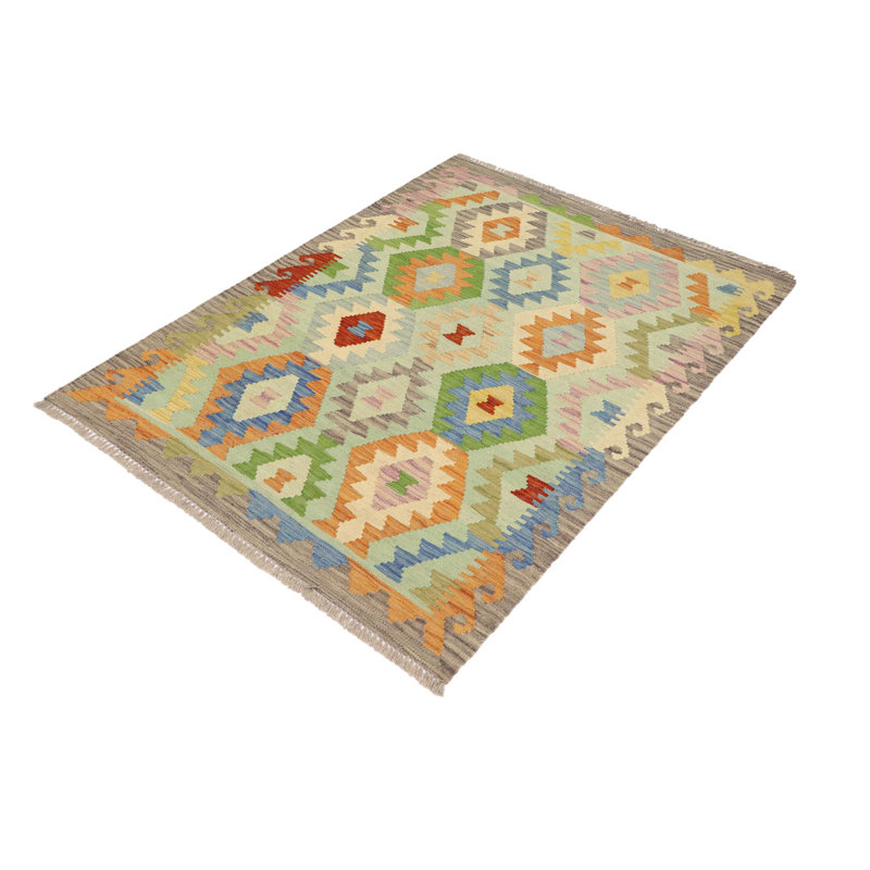 Tapis beige / jaune / vert en laine à motif géométrique rectangulaire à tissage plat 3 pi 4 po x 4 pi 10 po Hilma