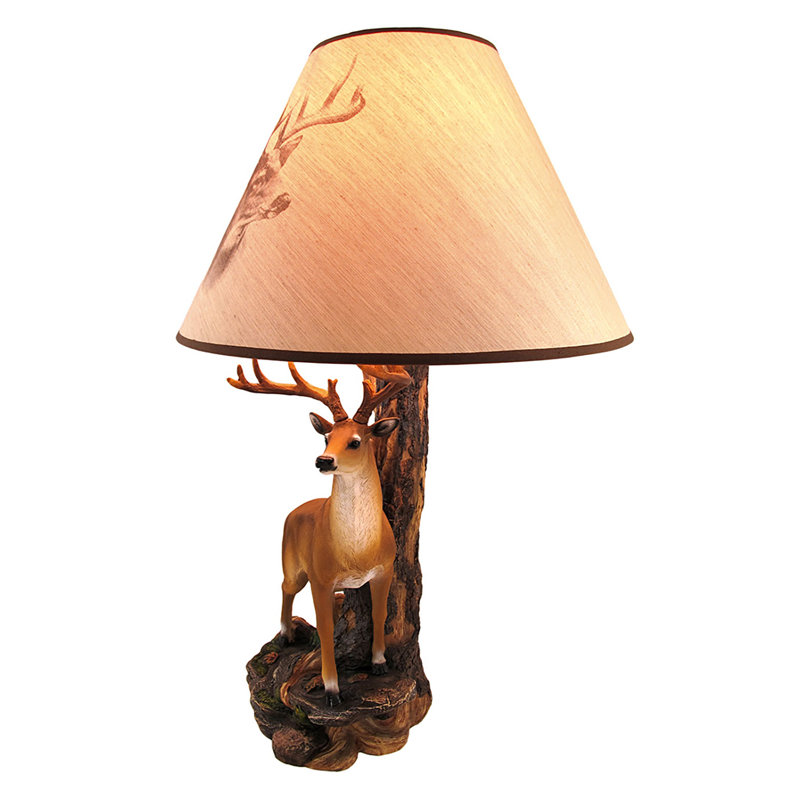 DeSoto Champion tan cold cast resin 12-point buck table lamp with deer printed shade, type A 45-watt bulb — 20 inches tall, 12.75 inch shade