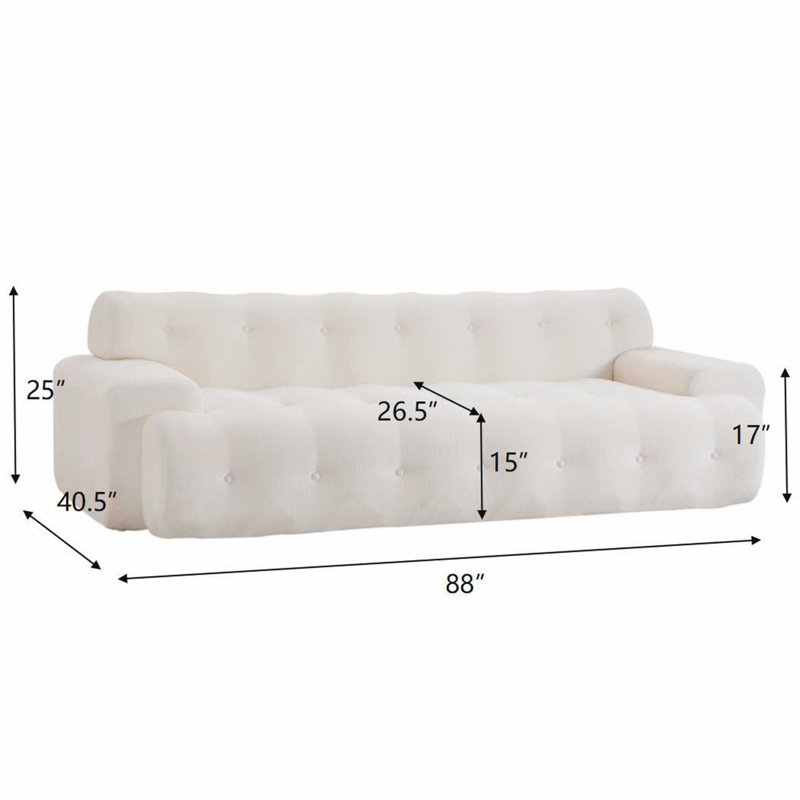 88 in.Cloud 3 Seater Chenille Sofa with Button Tufted Comfy Upholstered Couch,Snow White, White