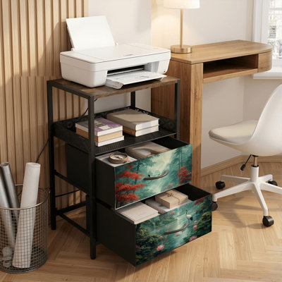 Table de chevet 2 tiroirs avec station de charge, table de chevet avec ports USB et amp; Outlets, tablette ouverte noire, table de chevet avec grues de jardin japonais sereines, impression de lotus