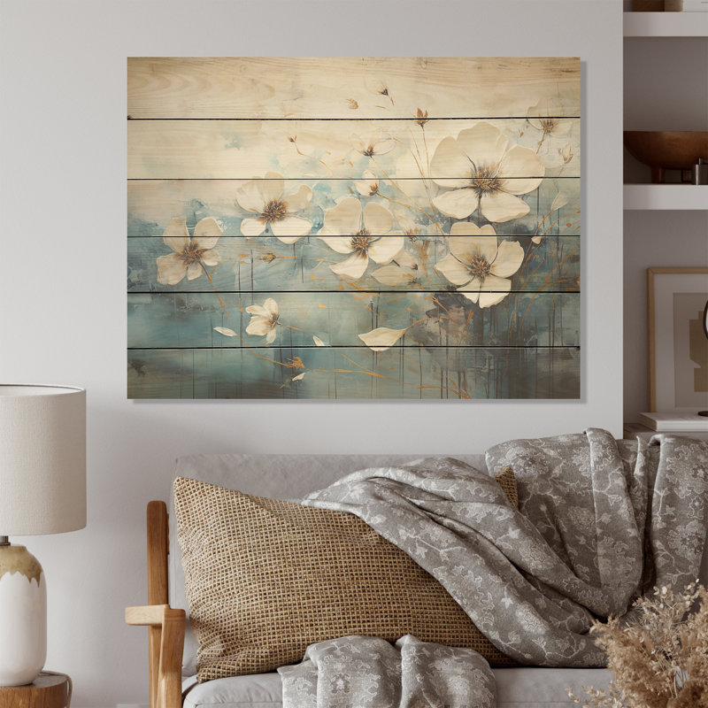 Collage de fleurs bleu et blanc saisonnier - Art saisonnier sur bois de pin naturel, H 10 po x l 20 po