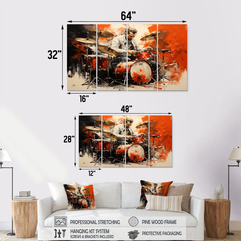 «Deep Drum Beat», peinture, art mural 4 pièces, H 28 po x l 48 po