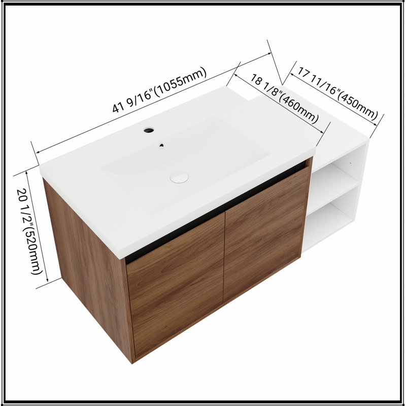 Meuble-lavabo mural avec 2 portes et tablettes de rangement latérales, Brwon