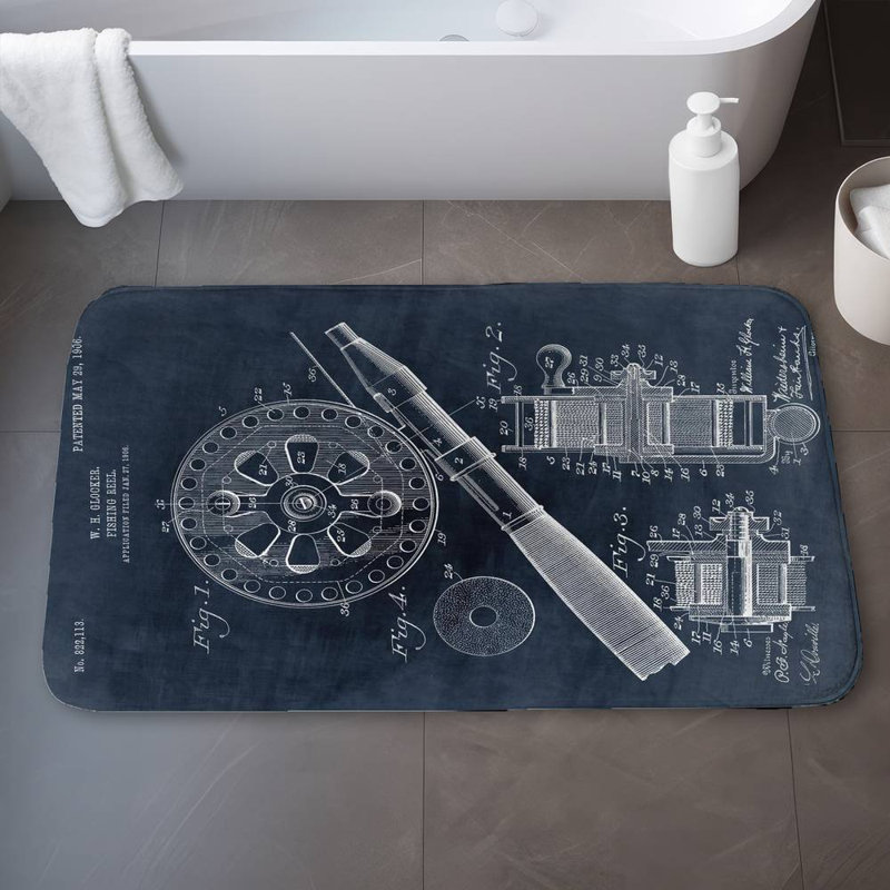 Beige blueprint of a fishing reel Bath Mat with Non-Slip Backing - Quick Dry Memory Foam Bathroom Rug - Absorbent - Modern Plush Spa-Style - Machine Washable