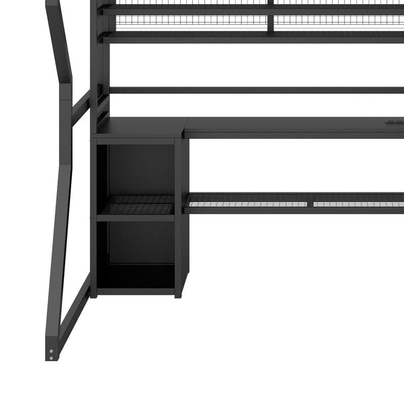 Lit mezzanine double en métal avec poste de travail intégré, garde-robe ouverte, DEL et rangement multiple