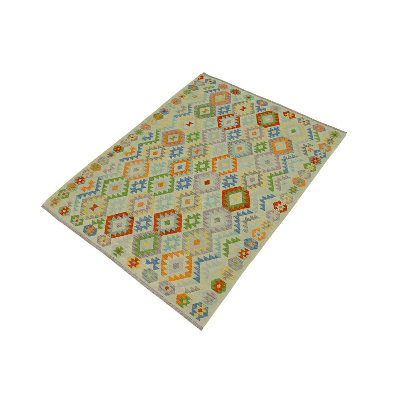 Tapis géométrique en laine rouille bleue à motif géométrique fait à la main 5 pi 6 po x 7 pi 7 po Kemuel