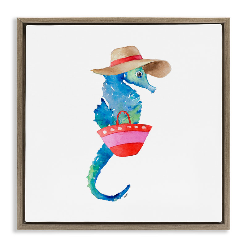 «Seahorse in Beach Hat», art mural encadré flottant par Lanie Loreth, Cadre flottant orme Montalcino, H 25 po x l 25 po