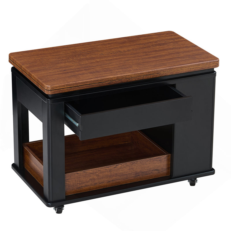 Table basse / table d'appoint moderne 27,6 po avec plateau pliable et roulettes, rangement multi-niveaux, noyer, Noir