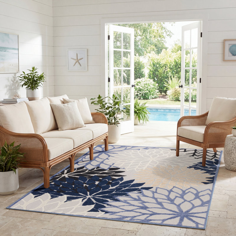 Ciann Floral Blue Multicolor Indoor / Outdoor Area Rug, Rectangle 6' x 9'