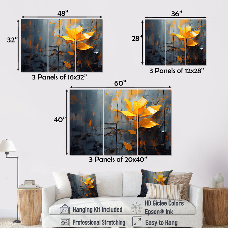 Jaune et gris, feuilles tropicales - Collages abstraits, art mural, H 28 po x l 36 po x P 1 po