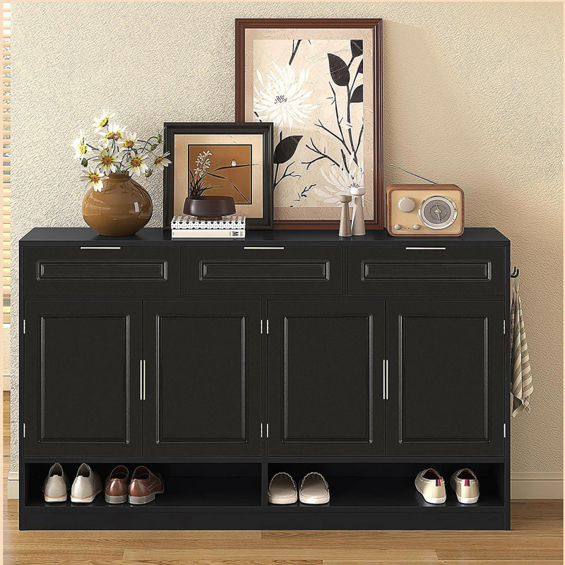 Buffet Farmhouse avec 3 tiroirs et 4 portes, buffet de rangement multifonctionnel avec tablette réglable et compartiments de rangement ouverts