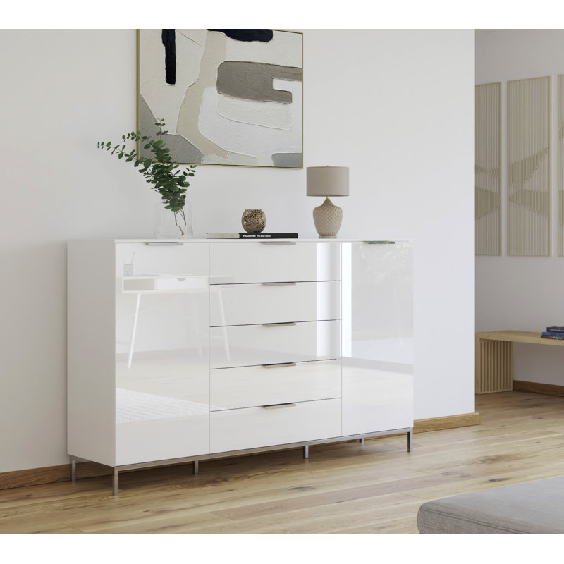 5 - Drawer Chest of Drawers, Alpine White/White Glass/Chrome