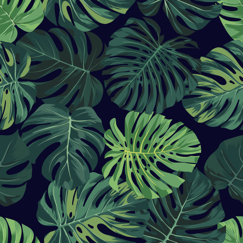 Vector Seamless Pattern With Green Monstera Palm Leaves On Dark Background - Wrapped Canvas Print, 91cm H x 91cm W