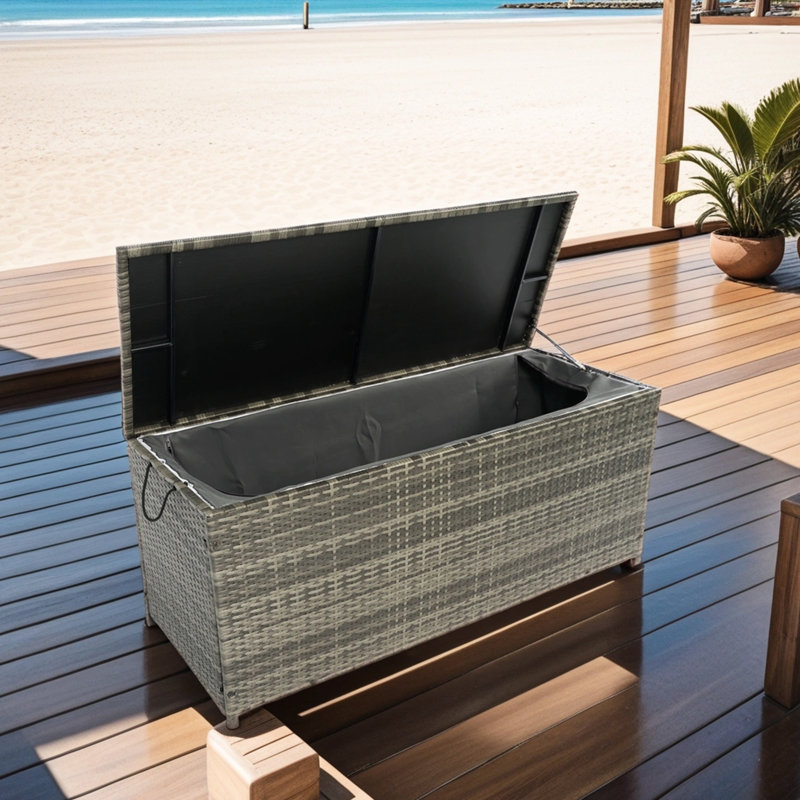 Grey Outdoor Cushion Storage Box - 113 Gallon. Spacious For Patio, Deck. Removable Water Liner, Rust Frame. Easy To Carry Gallon Porch Chest. With Lid. Lightweight , Interior. For