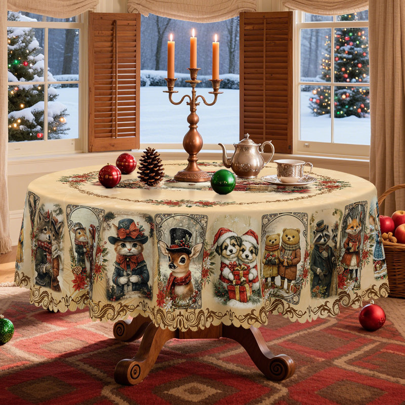 Multiple Christmas Snowman Pattern Designs Off-White Washable Polyester Tablecloth