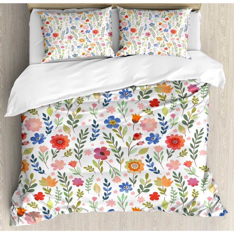 Floral Multicolor Microfiber Queen Duvet Cover Set with Pillow Shams