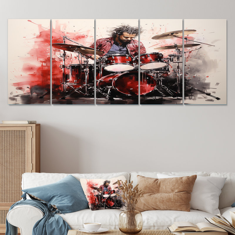 «Deep Red Drum Beat», peinture d'art sur toile 5 pièces, H 32 po x l 80 po
