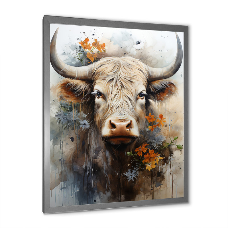 Profil floral de yak sur toile, H 32 po x l 24 po x P 1 po, Cadre simple argenté