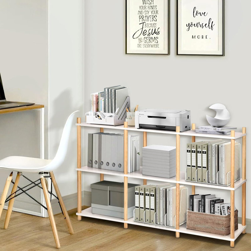 Bibliothèque à 3 niveaux avec rangement ouvert à 6 cubes, tablette en bois autoportante pour le salon, le bureau et l'organisation de la chambre à coucher