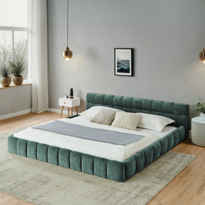 California King size Upholstered Bed Frame with Thick Fabric, Chenille Fabric Grounded California King Platform Bed with Headboard and Solid Frame. No Box Spring Needed-Blue Green-(90.5''*80.5''*31'')