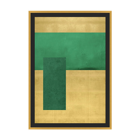 Abstract framed painting with gold and green blocks.