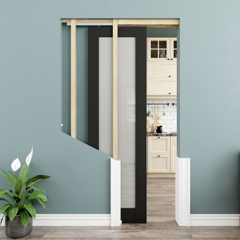 Porte coulissante à galandage en verre noir 30x80 avec quincaillerie et fermeture amortie, porte de placard coulissante en verre trempé dépoli noir, porte de salle de bain, porte de garde-manger, porte de placard coulissante