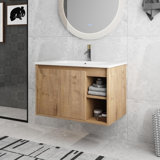 30'' Wall Mounted Single Bathroom Vanity with Ceramic Basin Sink Top, Floating Vanity with 2 Doors and 1 Shelf