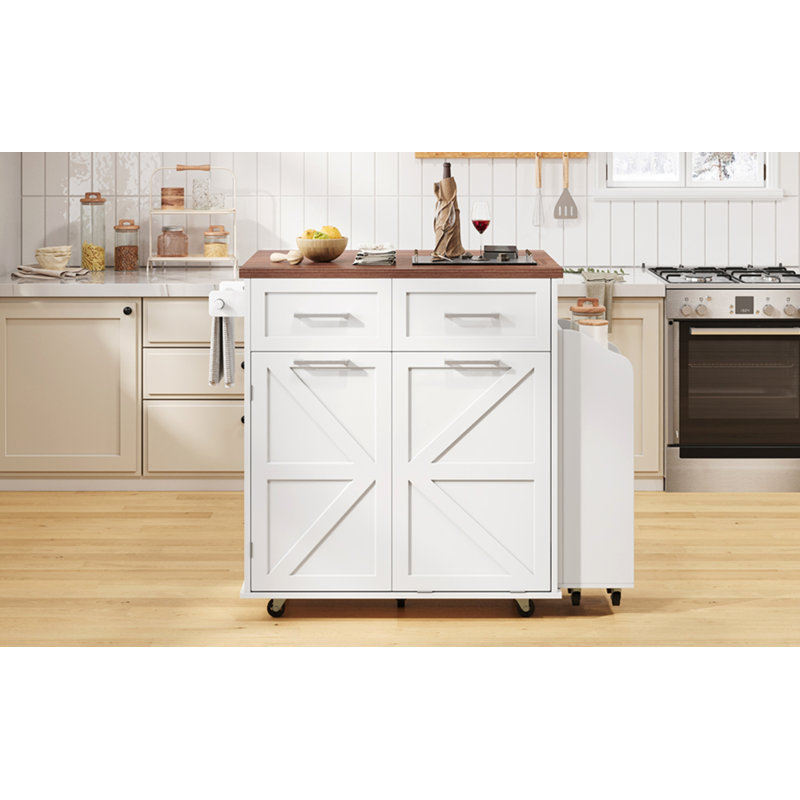 47.2" Farmhouse Kitchen Island with Drop Leaf, White