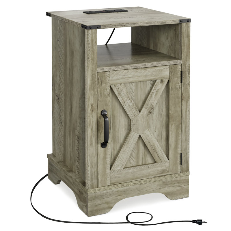 Farmhouse Nightstand Side Table, Wooden Rustic End Table, Tall Bedside Table With Electrical Outlets Charging Station  - Light Grey