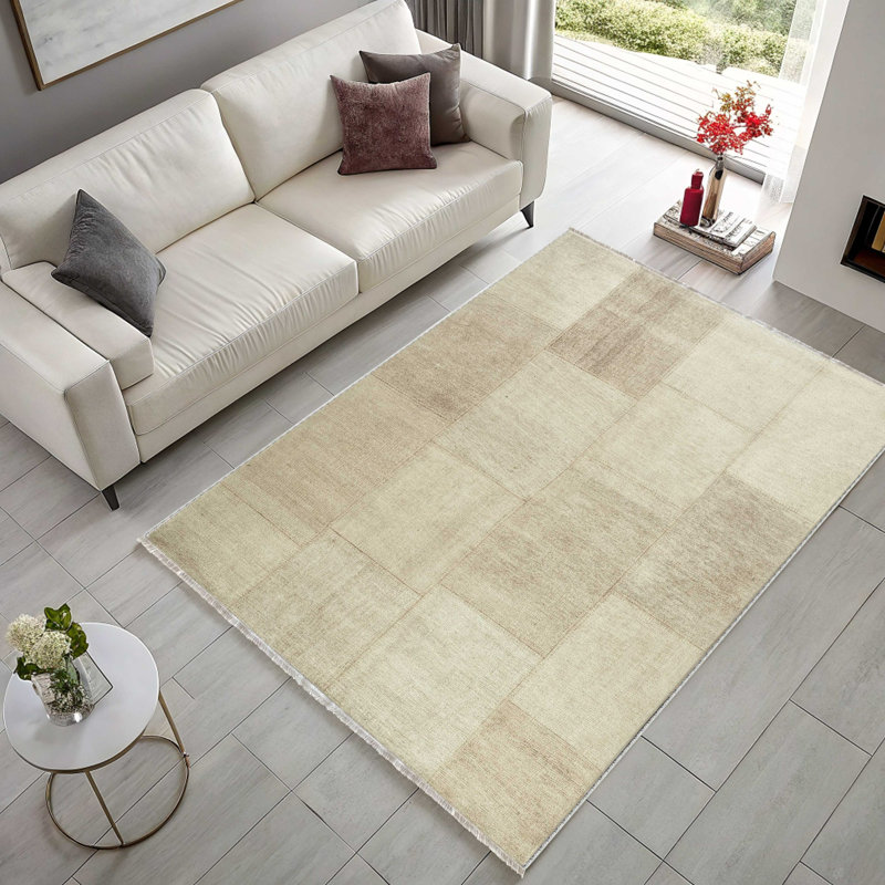 Kilim antidérapant en coton crème crème et chenille, Rectangle 5 pi 3 po x 7 pi 7 po