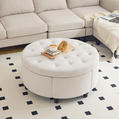 35" Wide Round Ottoman With Storage, Round Storage Ottoman, Tufted Round Ottoman Coffee Table Linen Fabric Round Coffee Table Ottoman With Storage