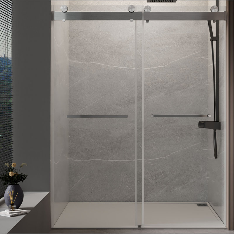 Porte de douche coulissante sans cadre avec verre trempé l 48 po x H 76 po, Nickel