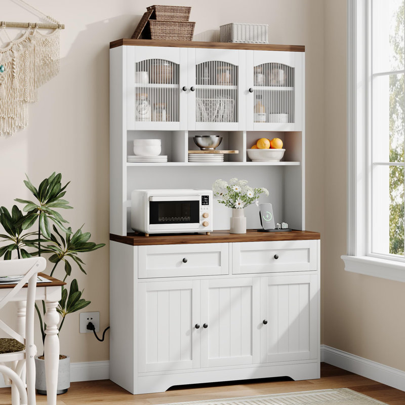 71" Pantry Cabinet with Charging Station, Tall Kitchen Pantry Storage Cabinet with Microwave Stand, Farmhouse Kitchen Hutch with Storage Drawers