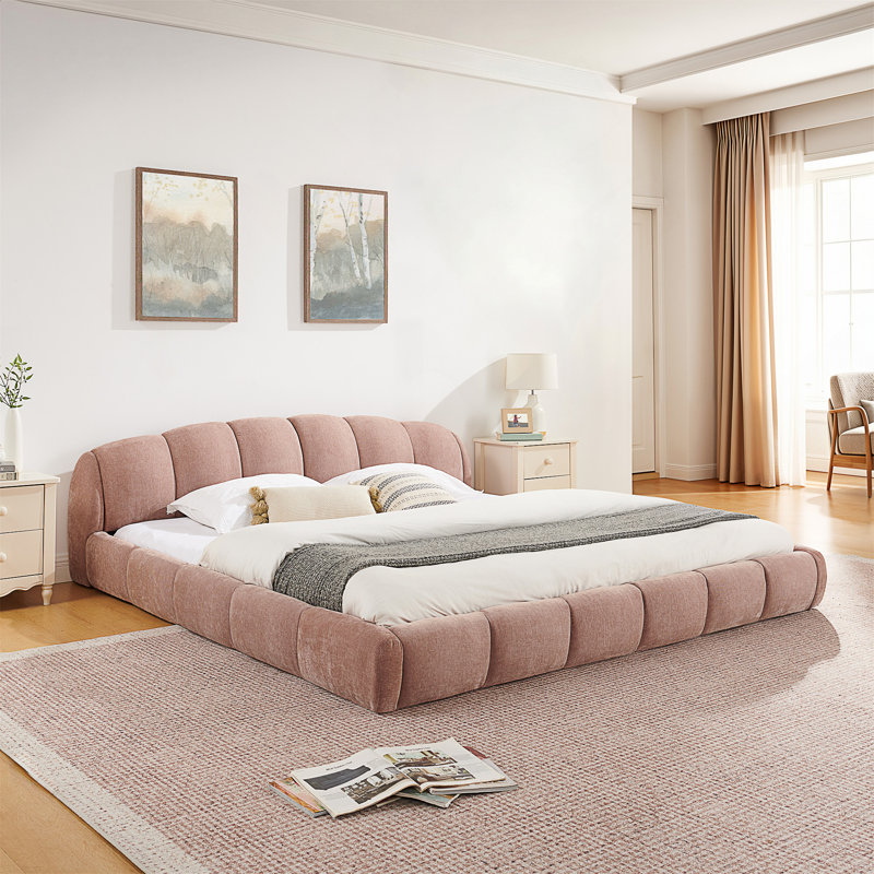 Très grande base de lit tapissier très grande taille en chenille, tête de lit épaisse courbée et pied de lit enveloppé, lit de plancher à profil bas, aucun sommier requis, assemblage facile