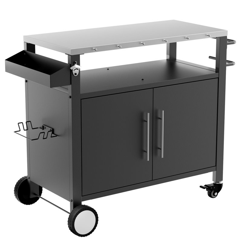 Outdoor Bbq Cart With Spice Rack And Push Handle - Convenient For Grilling, Black Rolling Grill Stainless Steel Tabletop Easy To Move Use,