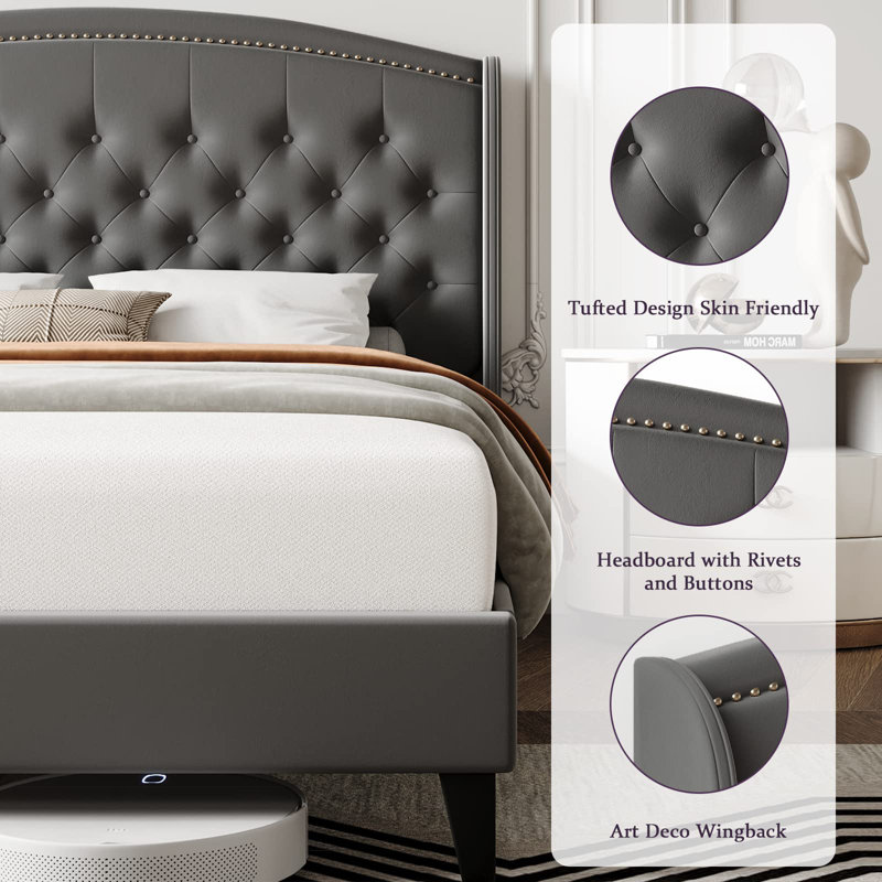 King Size Bed Frame, Velvet Upholstered Platform Bed Frame With Button Tufted Headboard, Full, Gray