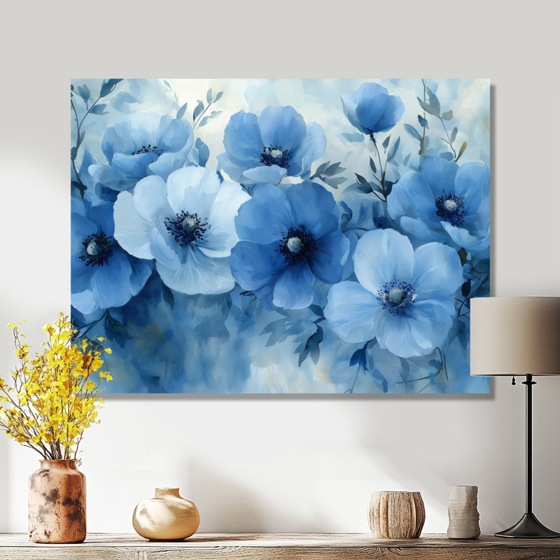 Art floral mural bleu en cascade de coquelicots III - Coquelicots, H 24 po x l 32 po