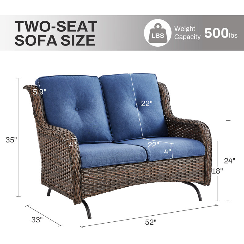Wendye 2 Seat Stylish Patio Loveseat Glider Sofa With Water-Resistant Olefin Cushions, Blue, Brown