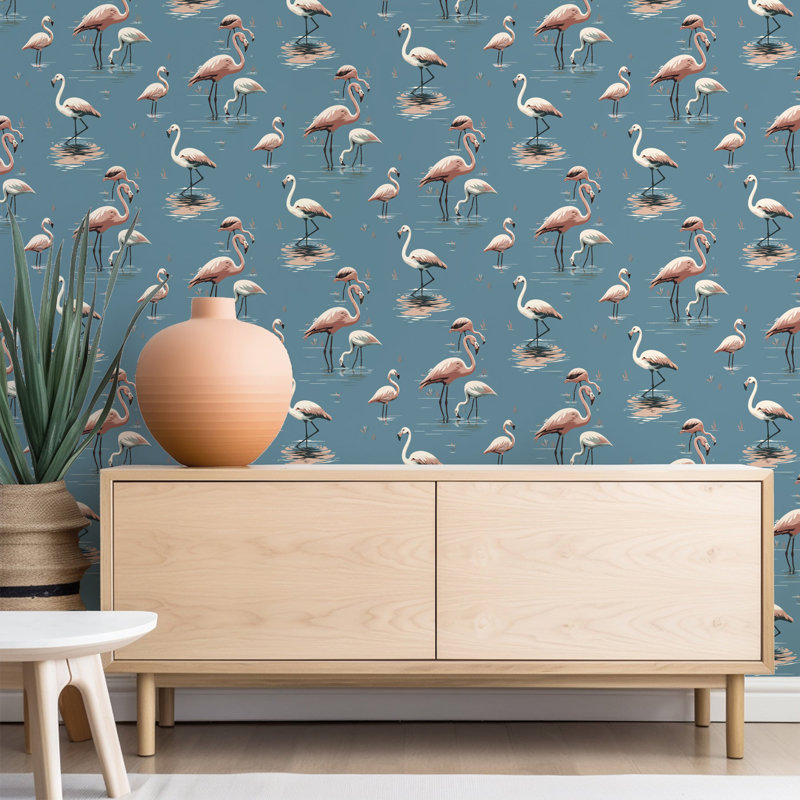 Flamingo - Coastal Blue Wallpaper, Blue, Self-adhesive