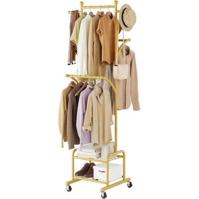 Portant à vêtements robuste de 180 cm de haut avec 3 barres de suspension, porte-manteau portatif autoportant pour buanderie ou chambre, doré